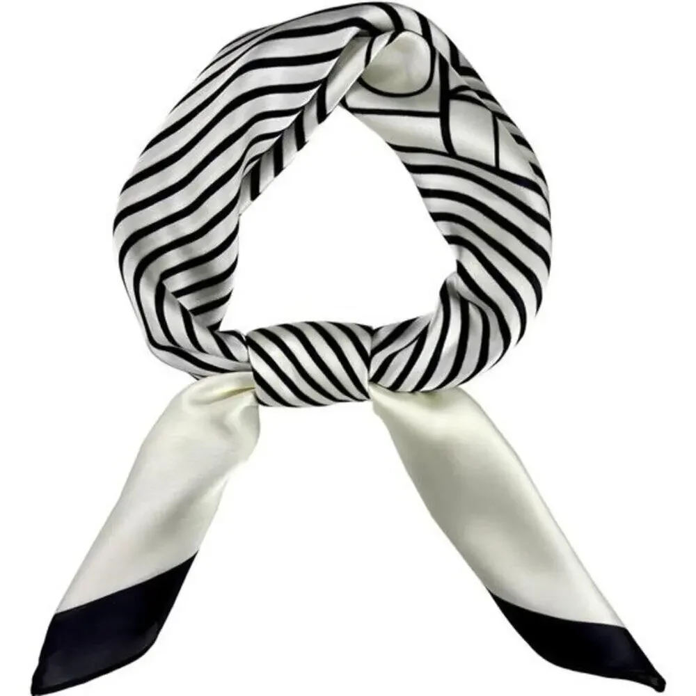 Natural Silk Feel Black and White Scarf Lightweight Square Neck Scarf for Women